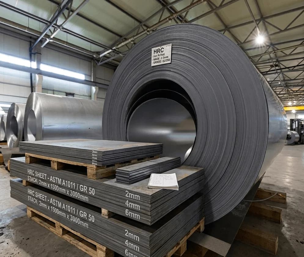 Hot Rolled Coil (HRC) labeled coil with cut sheet stacks in facility