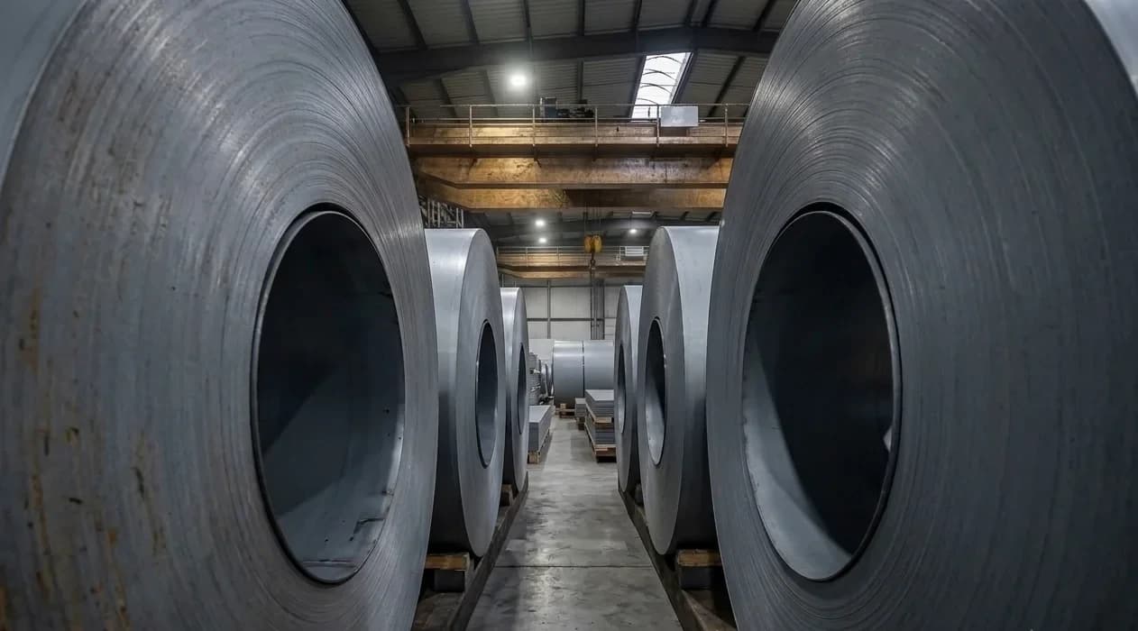 Galvanized Steel (GP) coils in warehouse aisle
